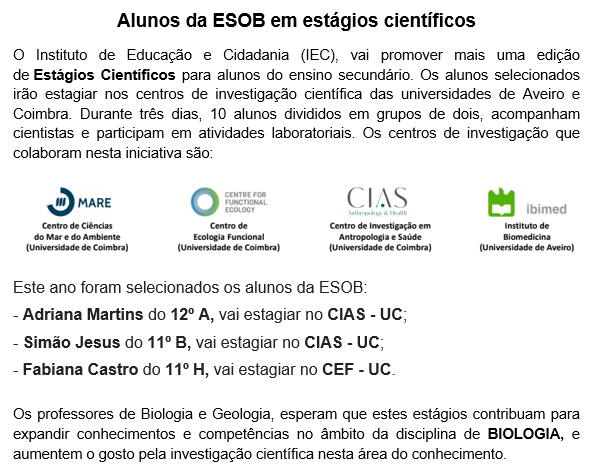 Alunos da ESOB em Estágios Científicos